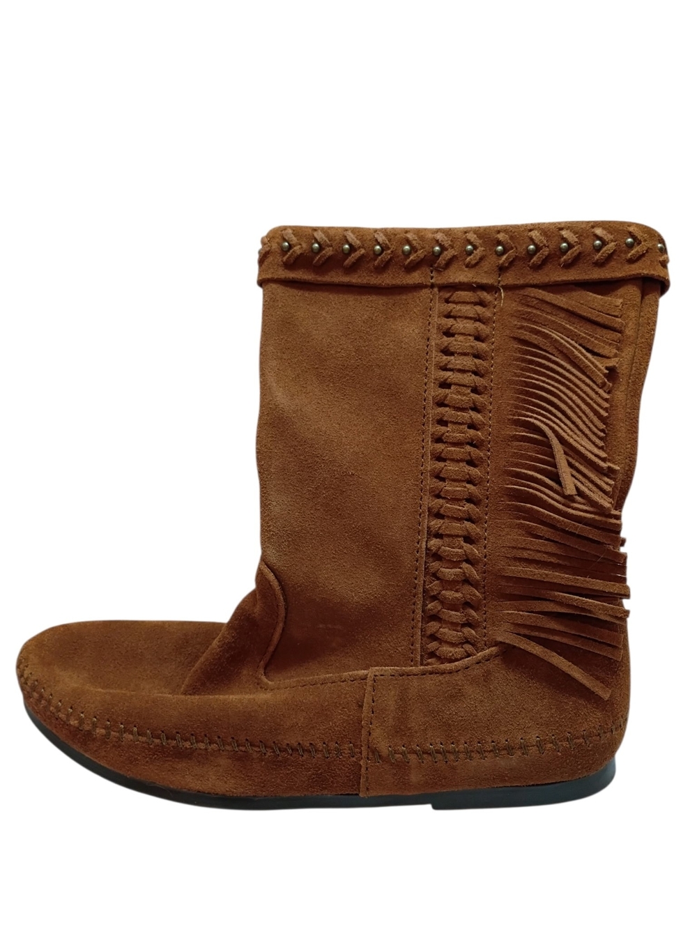 Minnetonka 1692 Brown Suede Fringe Zip Boots Women's Size 9 Beaded With Box Boho